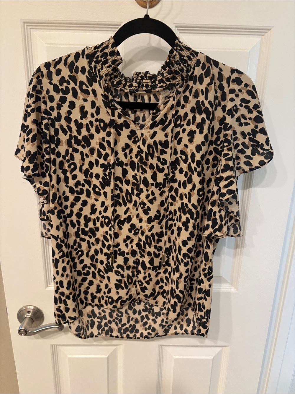Woman Within Beige and Black Leopard Smocked Neck Flutter Sleeve Blouse